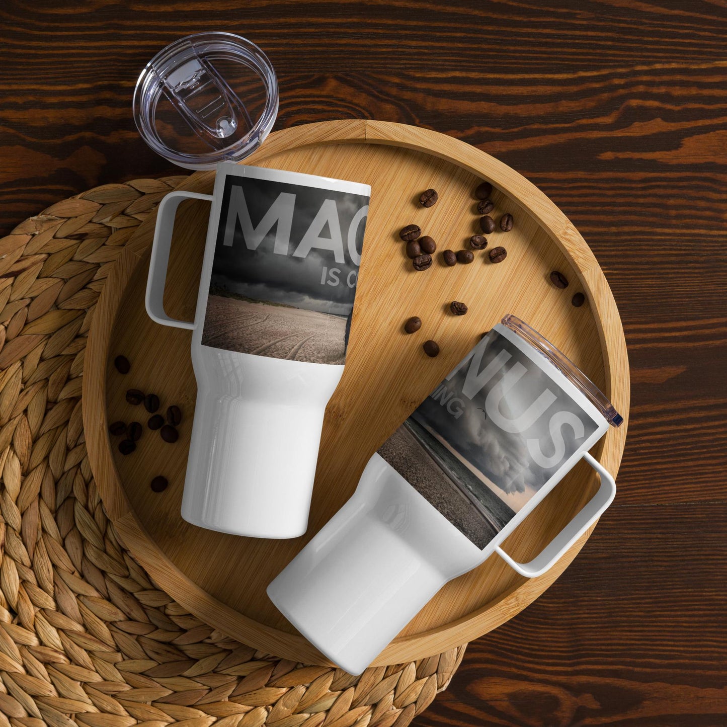 Travel mug with Magnus is Coming design